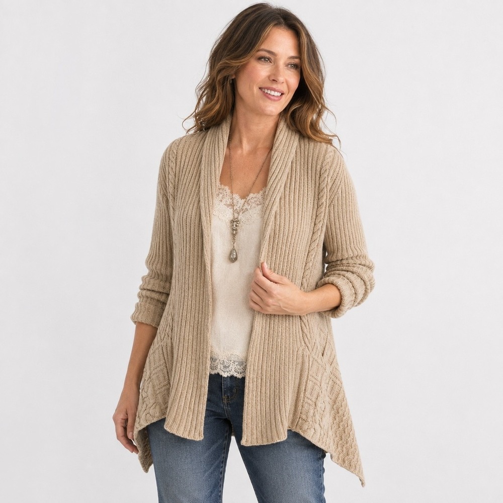 Anthropologie Boho Cable Knit Open Cardigan Womens M Beige Wool Shark Bite Hem
